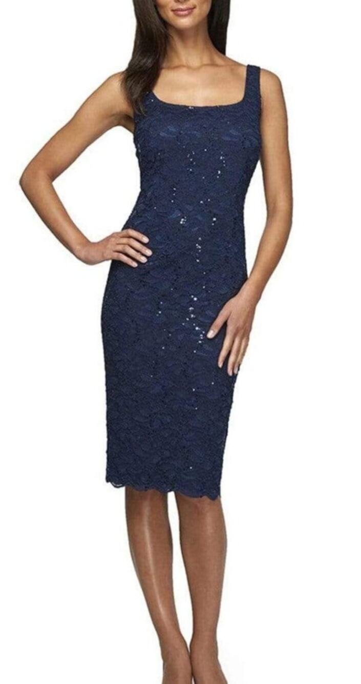 Alex Evenings Navy Sequin Lace Tea Length Dress Sleeveless Stretch Women's 10
